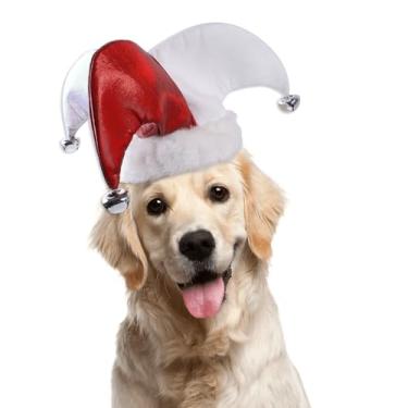 Imagem de Chapéu de bobo da corte da corte engraçado para animais de estimação cão gato fantasia boné com sinos vermelho branco veludo veludo feriado vestido acessório para animais de estimação pequenos, médios