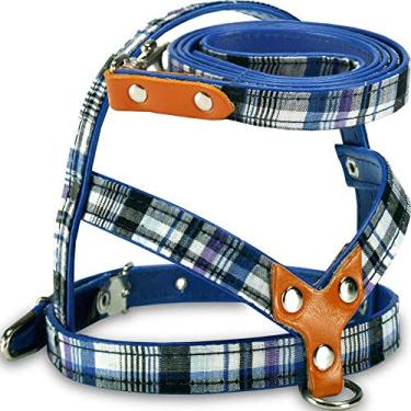 Imagem de Peitoral com Guia AMF Cães Xadrez Azul - Tamanho 1