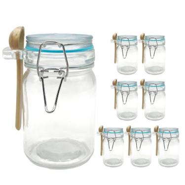 Imagem de Kit 8 Pote Hermético De Vidro Com Trava e Colher de Bambu Redondo 280m