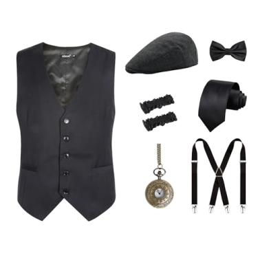 Imagem de Alizeal 7 peças de fantasia masculina anos 20, suspensórios de gravata, chapéu, relógio de bolso, braçadeiras, para fantasia masculina de Gatsby Peaky Blinders, 197 - preto, GG