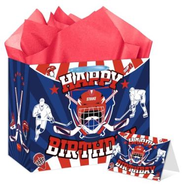Imagem de EIGHTSTATES Bolsa de presente de aniversário de hóquei - grande bolsa de presente temática esportiva com cartão e papel de seda para meninos e meninas - suprimentos de decoração de festa de hóquei