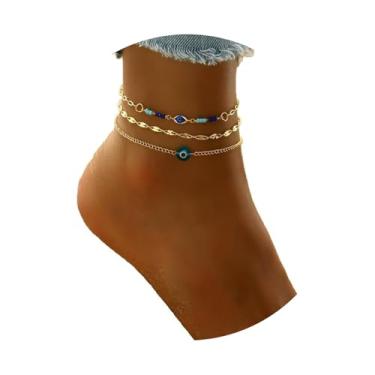 Imagem de URPANDA Tornozeleira feminina banhada a ouro 14 K, conjunto de tornozeleiras boêmias delicadas em camadas, strass, coração, cruz, olhos turcos, tornozeleira, impermeável, para férias, praia, presente