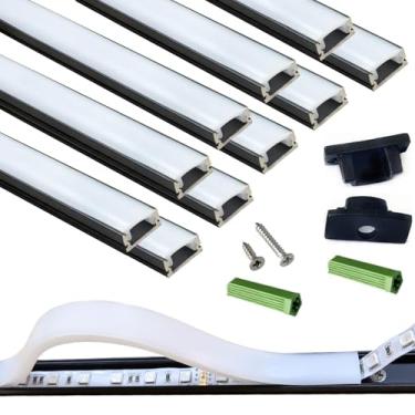 Imagem de THMOOTHER Difusor de canal U preto pré-perfurado com tira de LED, pacote com 10, 9 m, fita de alumínio montada na superfície, faixa de alumínio com capa de silicone contínua. Perfil baixo instalado