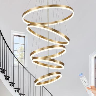 Imagem de Sparklelf Lustre de LED moderno para foyer lustres de teto alto dourado regulável com controle remoto para entrada, sala de jantar, sala de estar, escada, 3000K-6500K (5 anéis D23,6'')