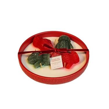 Imagem de CW Studio Vela oval Holiday Glow – Frasco de cerâmica aconchegante de manhã de inverno de 510 g com 6 mechas e mini luvas decorativas – 17H, sem fumaça – parafina premium e cera de palma (vermelha)