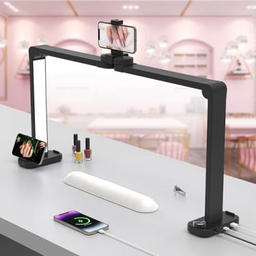 Imagem de Lâmpada de mesa de unhas para tecnologia de unhas, luz de meia lua dobrável de 86 cm 48 W com suporte de telefone e porta de carregamento USB, luz de mesa de LED regulável em 3 cores (preto)