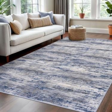 Imagem de KOZYFLY Tapete lavável 12 x 18 cm, moderno, ombré, sala de estar, tapete fino, antiderrapante, macio, listrado para quarto, tapete abstrato cinza e azul para lavanderia e quarto de criança