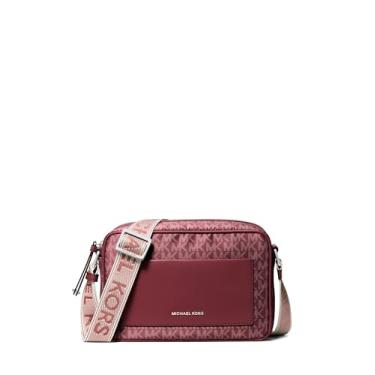 Imagem de Michael Kors Bolsa transversal com alça grande Jet Set, Ferragens prateadas/tonal Mk Signature Nylon com logotipo Mk Webbing/Oxblood, Large, Bolsa transversal com alça grande Jet Set