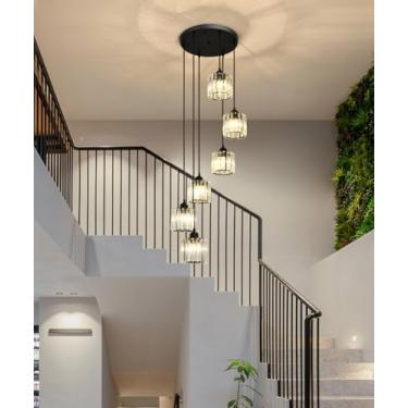 Imagem de Meimond Lustres longos para tetos altos, luz pendente de cristal moderna, lâmpada de gota de chuva, luminárias de montagem embutida para escadas em espiral, hall de entrada, sala de estar, preto (6