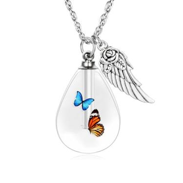 Imagem de Colar memorial com asa de anjo em forma de gota – pequeno frasco de urna de resina para cinzas, joia de cremação, presente de simpatia, Resina, Sem Pedra Preciosa