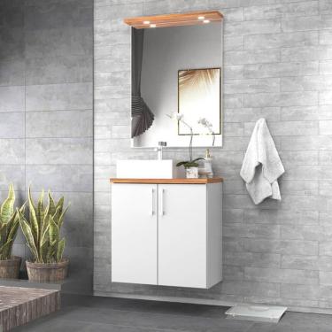 Imagem de Gabinete Para Banheiro Com Cuba E Espelho Com Led 60cm Mdf Freijo Com Branco Paris - On Móveis