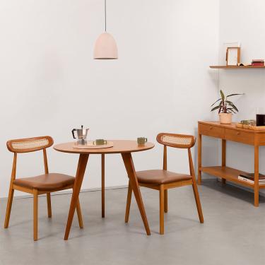 Imagem de Conjunto Mesa Jantar Square Laminada Tripé Redonda Natural - 88cm + 2 Cadeiras Dalí Encosto Palha Larga - Cognac