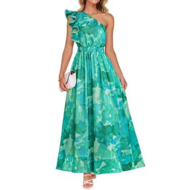 Imagem de Vestido longo ZESICA 2025 Boho Floral com babado de um ombro verde