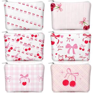 Imagem de Bolsa de maquiagem Kacctyen Cherry Bow Pink Canvas Cosmetic 6 unidades