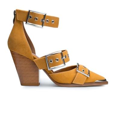 Imagem de Migpuel Sandálias femininas ocidentais com salto plataforma grosso, bico fino, tira no tornozelo, fivela de metal, salto com tiras, confortável, moderno, casual, sapato social, Camurça leve, 39