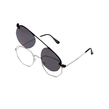 Imagem de Armação de Óculos Hexagonal Para Grau Clip On 2 em 1 Polarizado Modelo Ângulus Fixação Magnética Imã S8009 Unissex (Prateado)