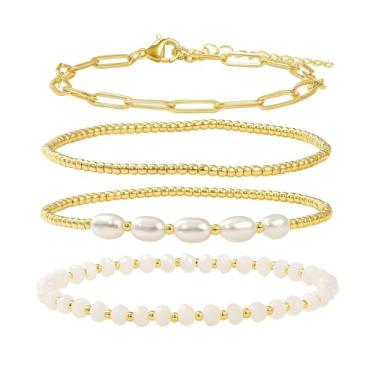 Imagem de EQUBIO Conjunto de pulseira de cristal branco e pérola para mulheres, pilha de 4 peças — pérola de arroz, Rondell de cristal branco, contas de semente TOHO 11/0 e corrente de clipe de papel dourado