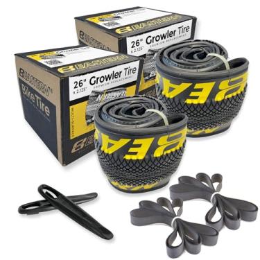 Imagem de Growler Tire Kits de substituição de pneu de 66 x 5,12 cm com ou sem tubos internos. Inclui ferramentas. Serve para bicicletas com aro ou rodas de 26 x 1,75 ou 26 x 2,125. (logotipo amarelo, pacote