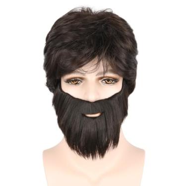 Imagem de LeMarnia Conjunto de perucas masculinas e barba dos anos 70 para homens, marrom, curto, encaracolado, bouffant, perucas de fantasia de Halloween