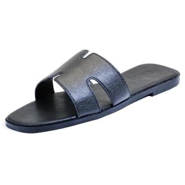 Imagem de Sandálias rasteiras femininas, chinelos de couro femininos, sapatos confortáveis e elegantes deslizantes elegantes verão outono primavera bonito bico aberto calçado casual, Preto, 36