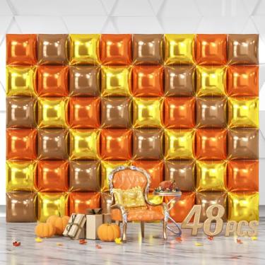 Imagem de NISOCY 48PCS Orange Gold Brown Square Foil Balloons Wall Backdrop Metallic Autumn Fall Balloons Arch Kit for Thanksgiving Friendsgiving Birthday Halloween Baby Shower Fall Color Party Decorations