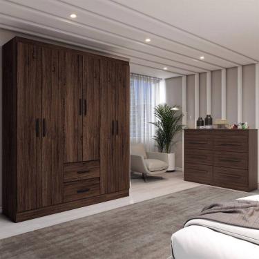 Imagem de Guarda-Roupa Solteiro Europa 6 Portas 2 Gavetas com Cômoda 6 Gavetas Castanho - Panorama Móveis