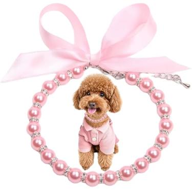 Imagem de Coleira para cães de pérola rosa, colar de casamento de gato de pérolas, colares de gatinho com contas de diamante, joias para filhotes de cachorro pequenos machos - Chihuahua, acessórios de festa
