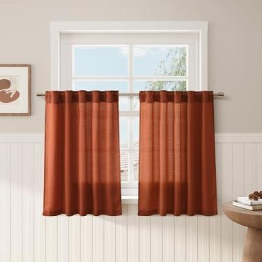 Imagem de Cortinas Terracotta Linen Cafe 76 cm de comprimento privacidade filtragem de luz semitransparente porta frontal pequena cortina de janela traseira bolso haste cortinas curtas plissadas para banheiro
