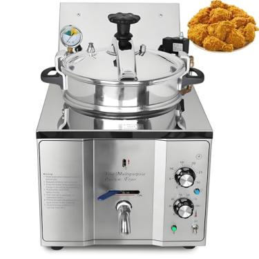 Imagem de PreAsion Fritadeira elétrica de pressão 16L, fritadeira de frango de alta pressão 110V com recursos de segurança, fritadeira de bancada saudável de aço inoxidável para iguarias fritas crocantes, forno