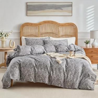 Imagem de AMZTOP Jogo de cama casal com 3 peças, para todas as estações, floral, rústico, casa de fazenda, 203 x 234 cm, 1 edredom e 2 fronhas, pré-lavado, macio, quente, fofo, leve, cinza