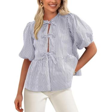 Imagem de Blusa feminina PRETTYGARDEN, gravata frontal, listrada, 2025, cinza, a