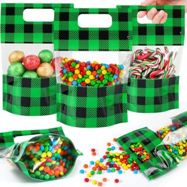 Imagem de Fuutreo 50 peças de sacos de presente de Natal, bolsa de vedação transparente xadrez búfalo com alça resselável verde preto saco de plástico de Natal para festa de Natal, inverno, férias, doces