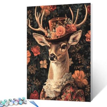 Imagem de Kit de pintura de veado por números para adultos e crianças de 8 a 12 anos, chapéu de pintura por número em tela fácil de pintar para iniciantes, pintura acrílica, decoração de parede de casa 40,6 cm