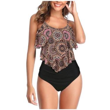 Imagem de Maiô feminino de cintura alta de duas peças com babados e parte inferi