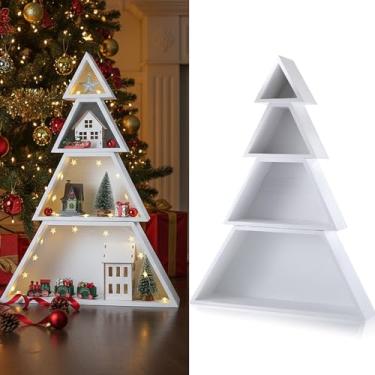 Imagem de AceOrbit Prateleira grande de madeira para exibição de árvore de Natal de 4 andares, cerca de 142 x 40 x 10 cm, prateleiras de escada em forma de árvore para decoração de inverno, Natal, peça central