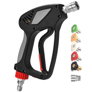 Imagem de ANJIESENG Pistola de lavagem de pressão curta com giro 360 - 5000 PSI / 10,5 GPM alça de água de alta pressão com plugue macho de 9,5 mm e acoplador de conector rápido de 1/10.2 cm - Pistola de espuma