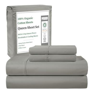 Imagem de Jogo de cama queen size de algodão orgânico, bolsos profundos, jogo de cama queen de algodão 300 fios, tecido de cetim macio respirável e elástico, sem comprimidos e encolhimento, lavável na máquina