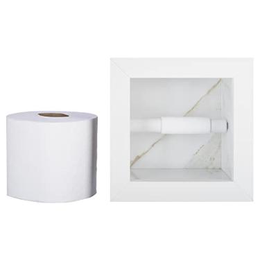 Imagem de Nicho Porta Papel Higiênico em Porcelanato Polido (Calacata) com Borda em Alumínio, 15x15x11 cm, com Rolete