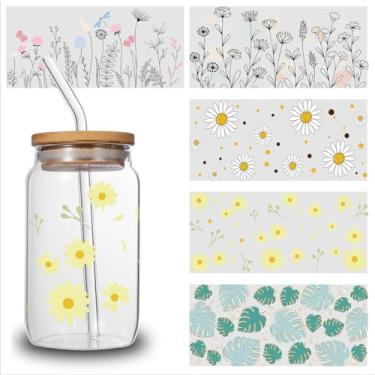 Imagem de 5 peças de adesivos de transferência DTF UV para copos de vidro, decalques à prova d'água, etiquetas autoadesivas de plástico para decoração de garrafas e copos (Estilo4-5 folhas)