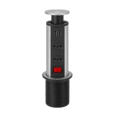 Imagem de Torre Retrátil de Tomadas Embutir Multiplug USB + Tipo C 2 Tomadas Bivolt 110V 220V Bancada Cozinha Escritório Mesa Alumínio Push to Open Carregador Rápido Embutida Mesa Tomada Pop-Up (Preto)