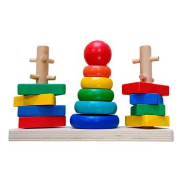 Imagem de Jogo Educativo Puzzle Tower com 15 Peças  Base de Madeira e Blocos Plá