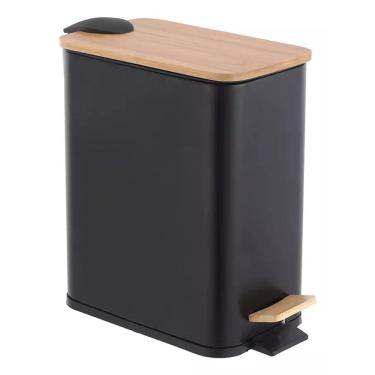 Imagem de Lixeira Retangular Pedal 5L Preta Metal E Bambu Banheiro