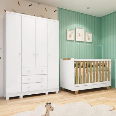 Imagem de Quarto de Bebê com Guarda-roupa 4 Portas e Berço 4 em 1 Minicama 100% 