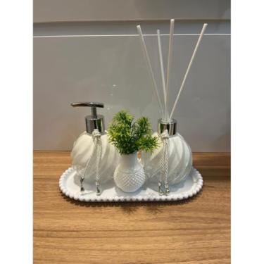 Imagem de KIT PORTA SABONETE E DIFUSOR COM BANDEJA E VASINHO - VIDRO (Espiral Branco 250 ml)
