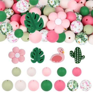 Imagem de 120 contas de silicone para fabricação de chaveiros, contas focais e contas de silicone de 15 mm de 12 mm para canetas, kit faça você mesmo (flamingo)