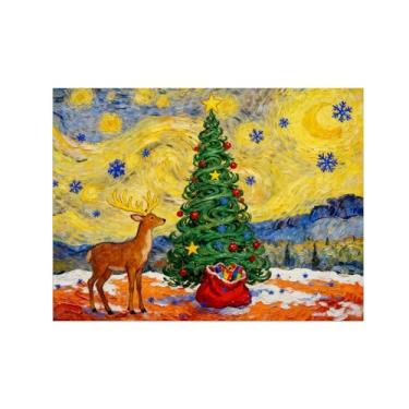 Imagem de Pinturas em tela Natal-Quadros Decoração de Parede-Árvore céu amarelo veado-Inverno Paisagens Impressões para Sala de Estar 30x40cm Sem Moldura