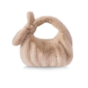 Imagem de Sacola feminina peluda de pele sintética minisbolsas de pelúcia pequena bolsa outono e inverno bolsa de mão DJ, Caqui