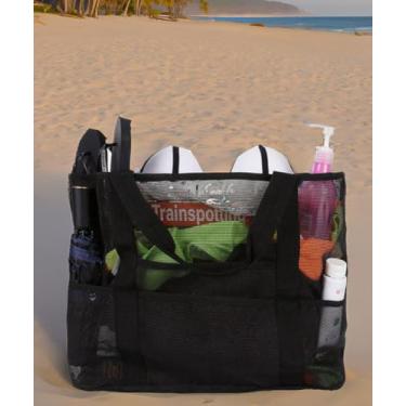 Imagem de Bolsa de praia de malha extra, bolsa de praia grande com bolso com zíper para viagem em família, bolsa de piscina para brinquedos e itens essenciais de férias, Preto, 17.7x 14.9 x 8.7 inches