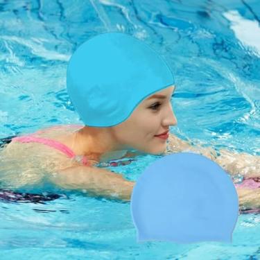 Imagem de Touca de natação de silicone adulto elástica para cabelos longos e curtos, chapéu de natação à prova d'água, boné de natação antiderrapante (azul claro)