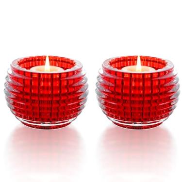 Imagem de kanpura Conjunto de 2 castiçais votivos vermelhos, castiçais de vidro para decoração de mesa de festa de Natal, casamento, aniversário, Natal, mesa (6 x 8 cm)